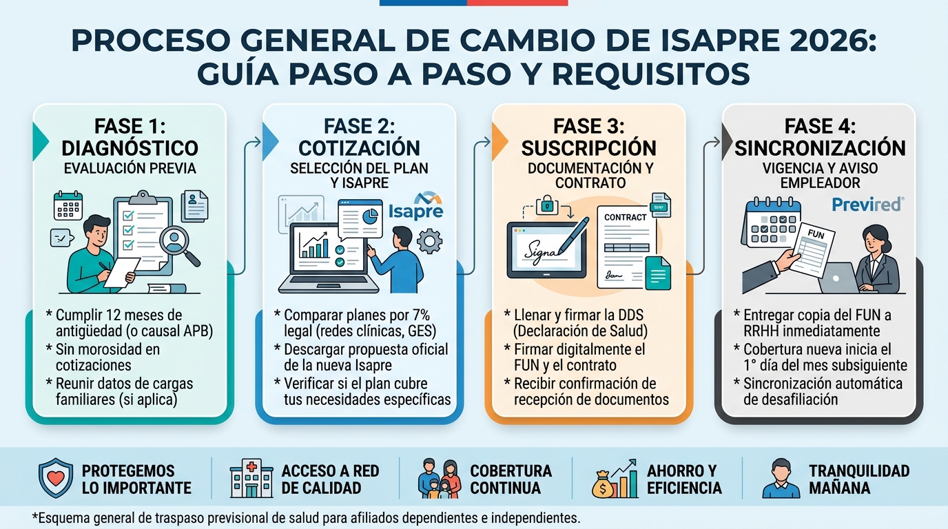 Infografía del proceso de portabilidad entre Isapres: fases de diagnóstico, documentación, suscripción y transición
